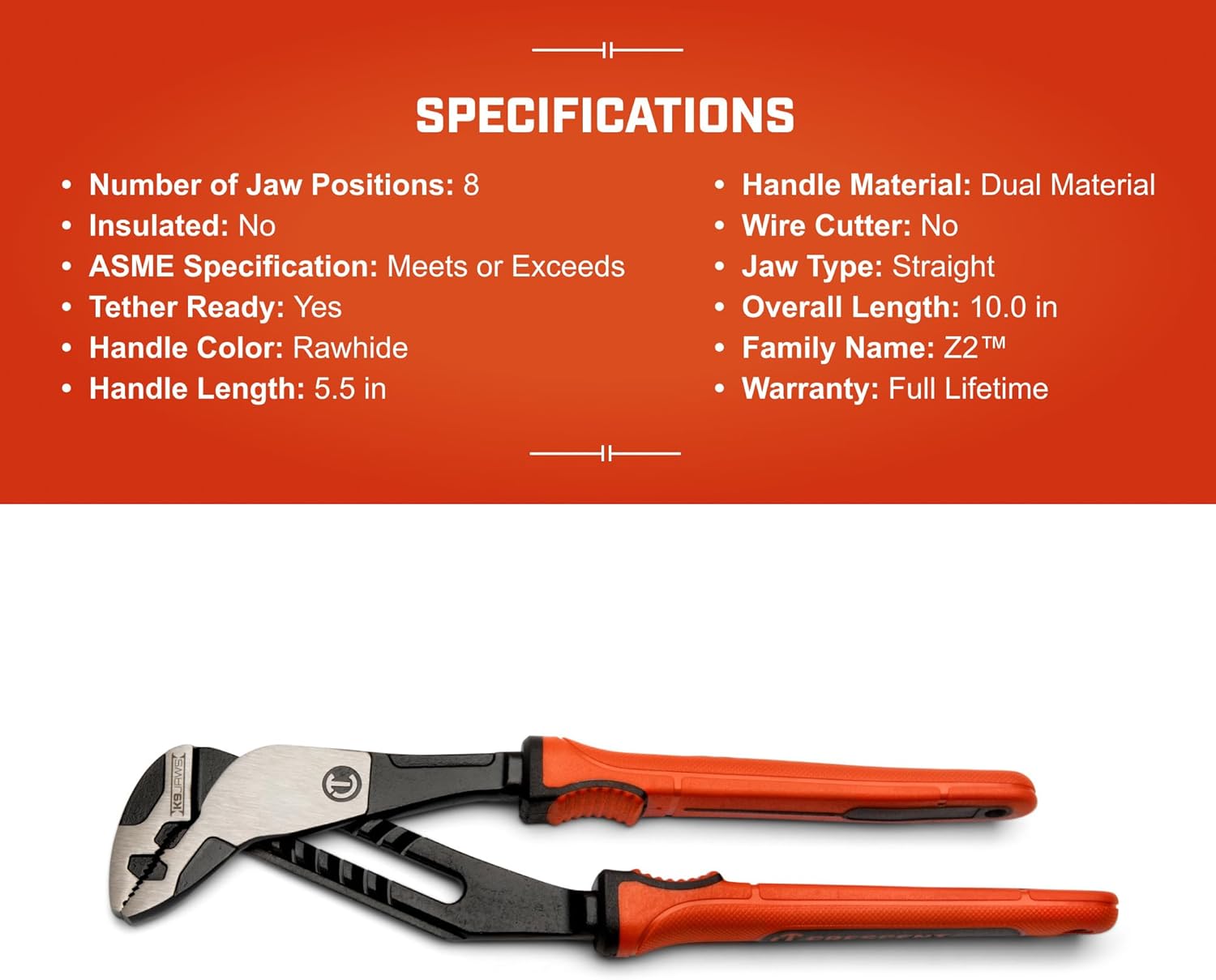 Crescent 10" Z2 K9 Straight Jaw Tongue & Groove Plier with Dual Material Rawhide Handle - Industrial-Grade Pliers for Heavy-Duty Projects - Multiple Jaw Positions - Non-Marring Grip - RTZ210CGR