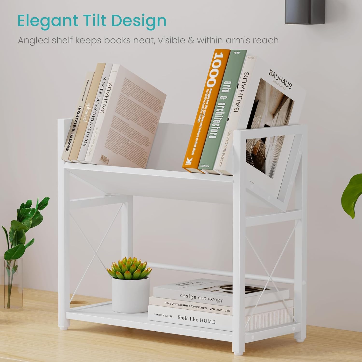 ELITEROO Desktop Bookshelf Organizer, 2 Tier Wood Desk Shelf for Tabletop Storage, Small Book Rack for Office, Home, or Study, Mini Bookcase for Book Display, Decor, and Supplies, White
