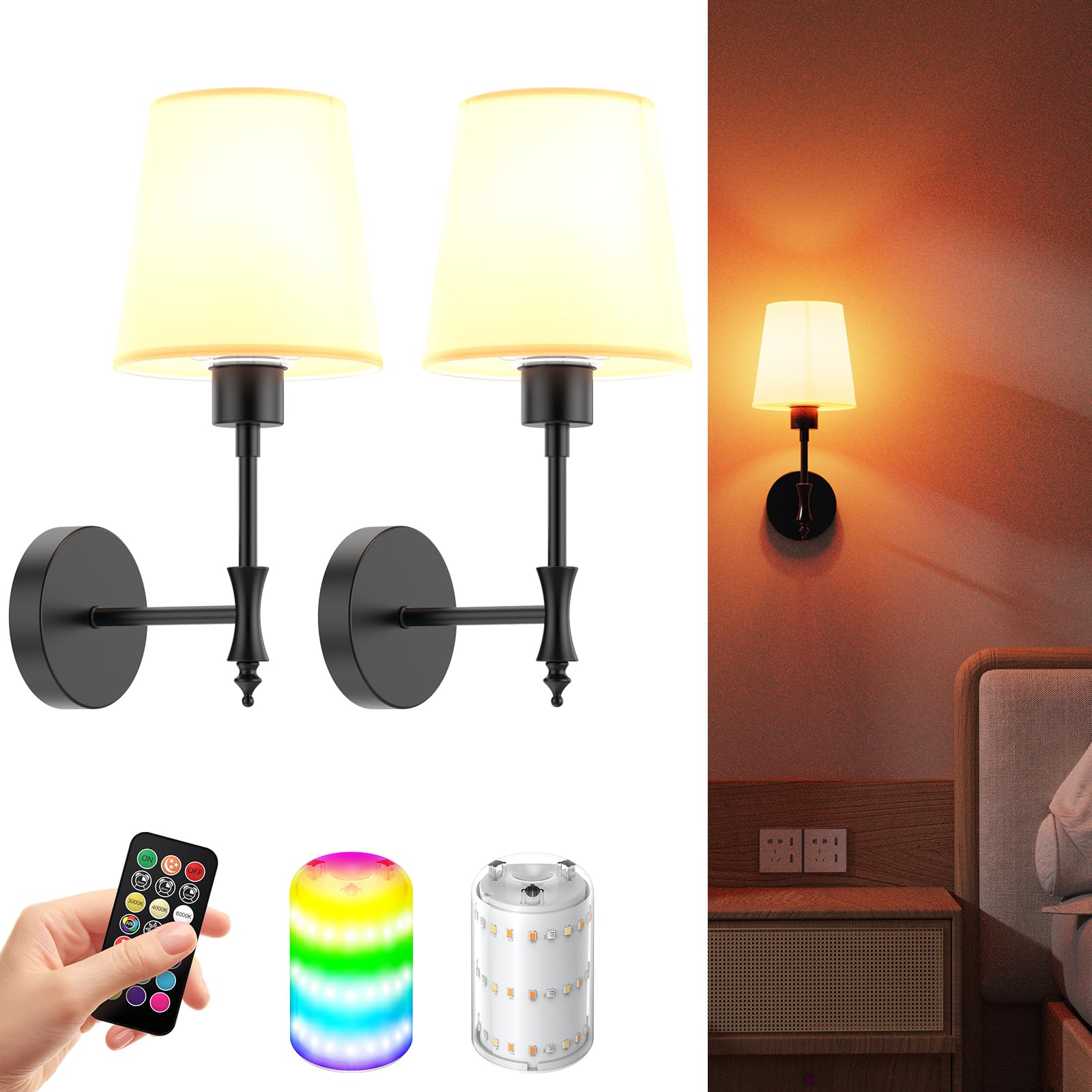 Battery Operated Wall Sconces Set of Two, Rechargeable Wall Light with Remote Control, Dimmable 1800K-6000K LED Wall Lamp, 9 Color Modes, Wireless Sconce Wall Decor Set of 2 for Living Room, Bedroom