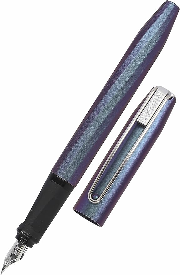ONLINE Füller Slope Metallic Lilac, Patronen-Füller mit ergonomischem Griffstück, hochwertige Iridium-Feder medium, Standard-Tintenpatronen, inkl. Kombipatrone blau, für Schule und Büro