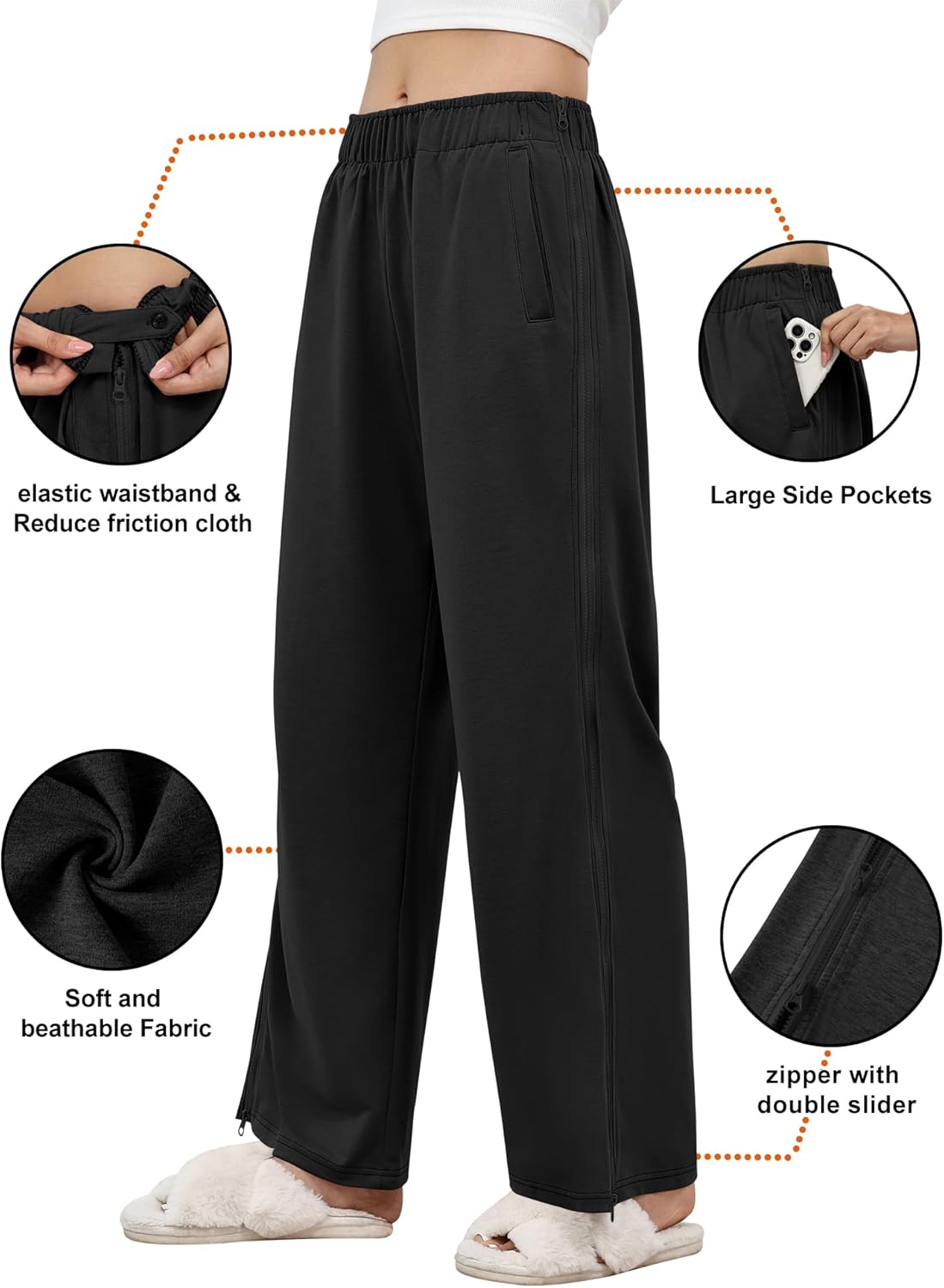 LOMON Womens Tear Away Pants Sides Full Open Sweatpants Double Slider Zip Off Post Surgery Pant with Pockets - Image 4