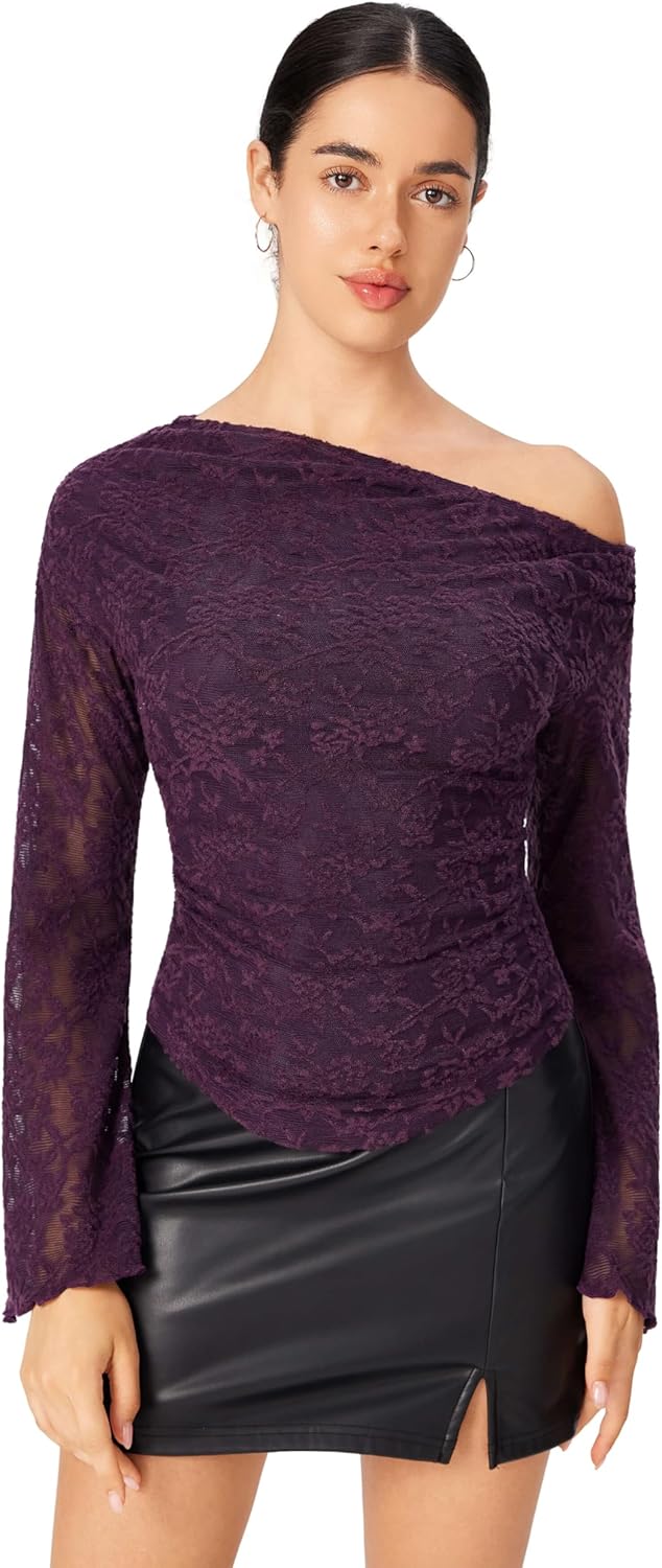 CIDER Off Shoulder Top Lace Floral Sheer Long Sleeve Flare Sleeve Ruched Hem Slim Fit Going Out Top - Image 2
