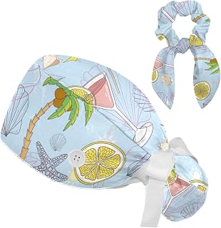 FVQL 2 Pieces Surgical Cap for Long Hair Scrub Cap with Hairband Nurse Cap, Summer Seashell Starfish Fruit Pattern