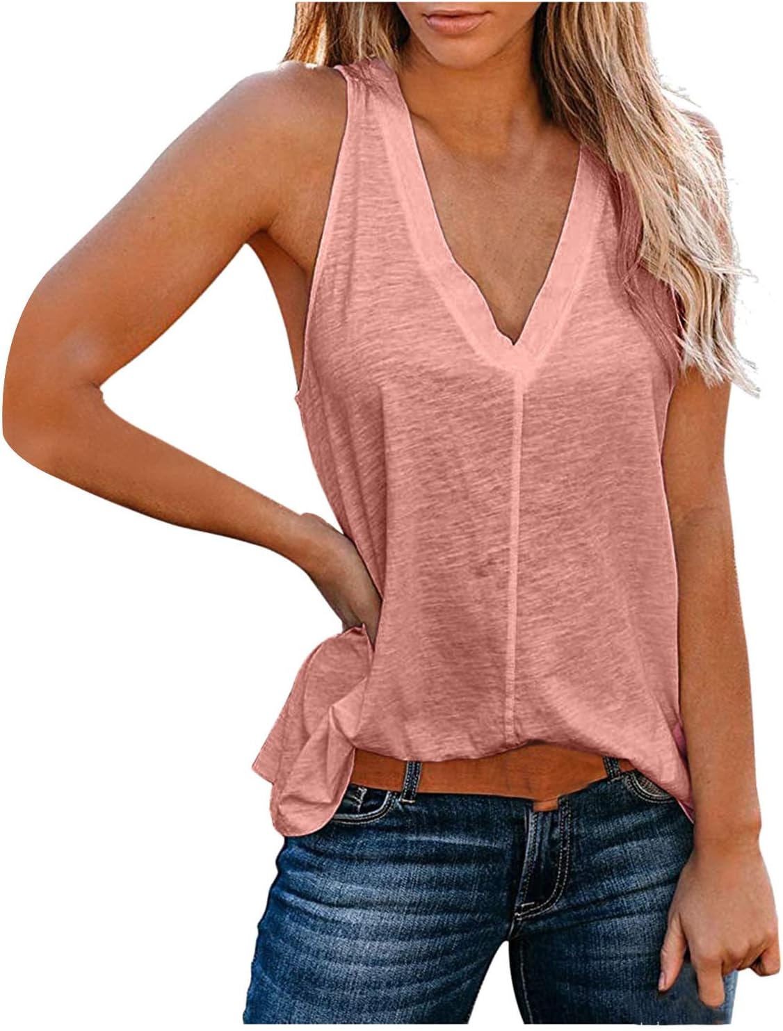 Women's Basic V Neck T Shirts Summer Sleeveless Racerback Tank Tops Business Casual Blouse Camisole Small Pink (size S ) 