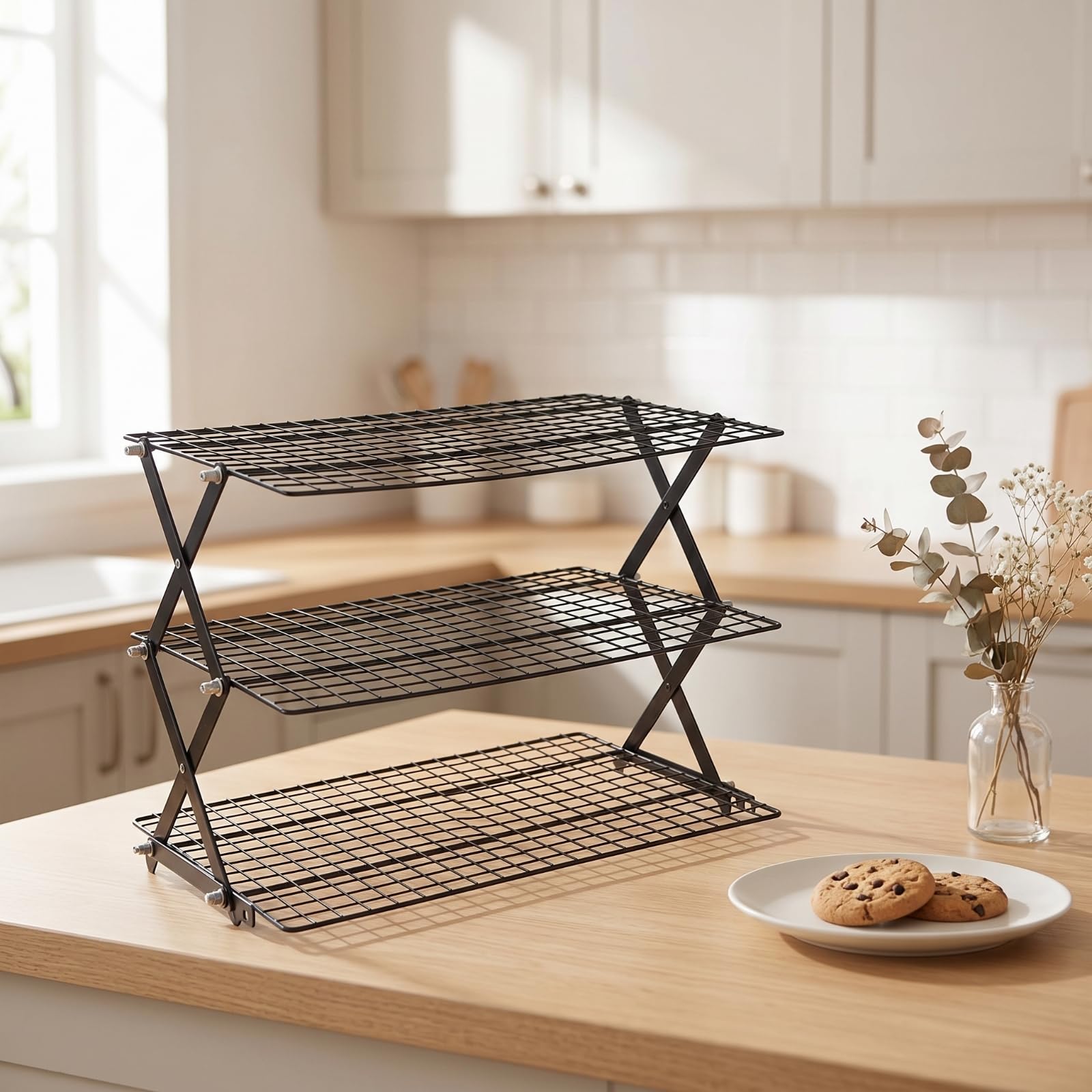 Gralara Griglia di Raffreddamento Pieghevole Griglia Graticola Supporto Vassoio con Design Impilabile Verticale Altezza Regolabile Materiale Resistente, 4 Layers
