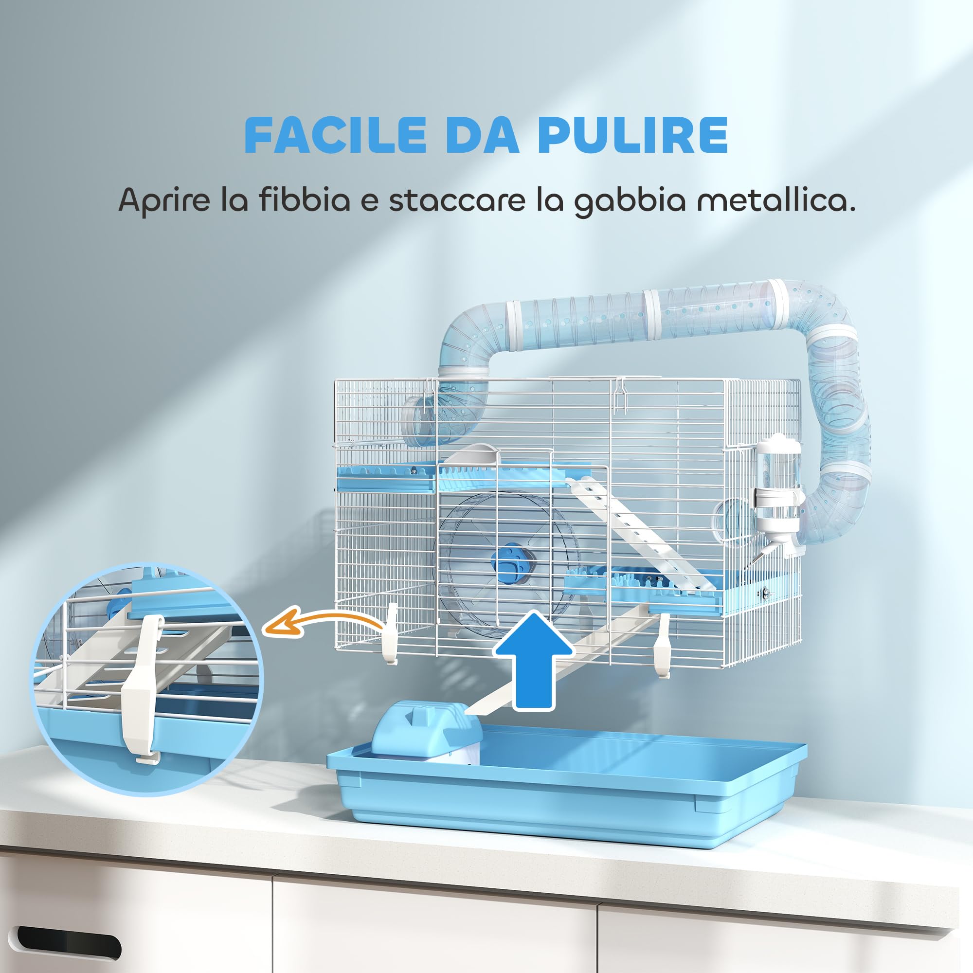 PawHut Gabbia per Criceti a 3 Livelli con Casetta, Ruota, Ciotola per Cibo, Bottiglia e Tubi, Gabbietta per Piccoli Roditori e Criceti Nani, 47.5x31.5x29.5 cm, Azzurro
