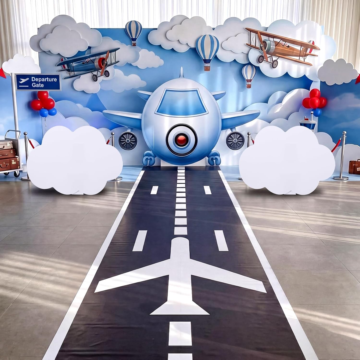 Novabright Airplane Birthday Party Decor Runway Rug Set,Airliner Clouds