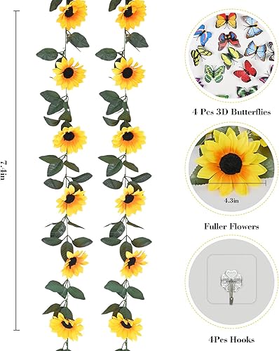 Miniatura 2 de BLEUM CADE Paquete de 2 guirnaldas artificiales de girasol, enredaderas de girasol, guirnalda de flores colgantes con hojas verdes, enredaderas