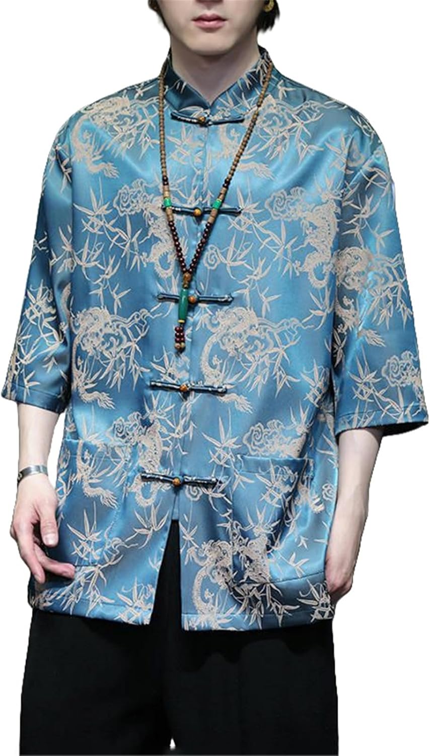 Men's Summer Chinese Style Tang Suit Ice Silk Jacquard Short Sleeve Shirt
