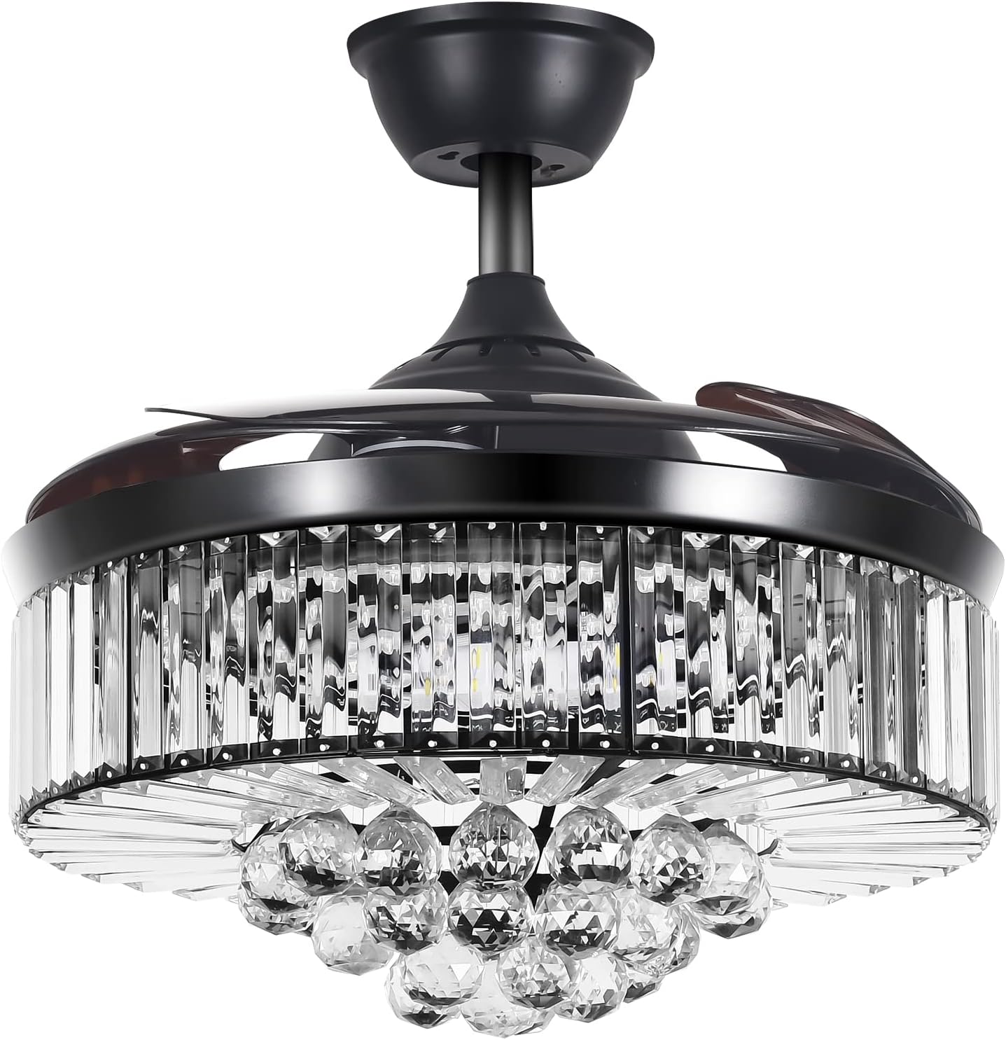 A Million 42" Crystal Ceiling Fan with Lights, Black Ceiling Fan Chandelier with Remote Control 3 Color Light and 3 Speed Change Retractable Blade Crystal Fandelier LED Lighting Fixture