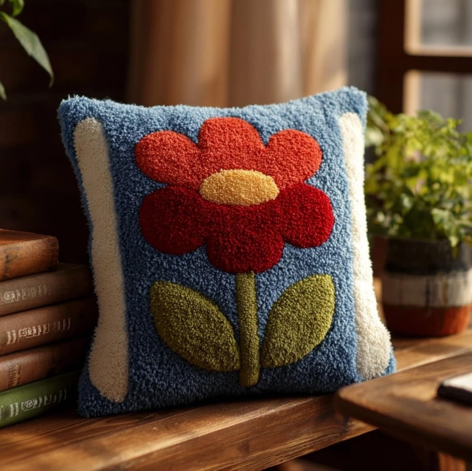AxiangziK Latch Hook Pillow Craft Kit,Blue Tulip Flowers 43x43cm/17x17Inch,Complete Starter Kit for Beginners & Craft Enthusiasts