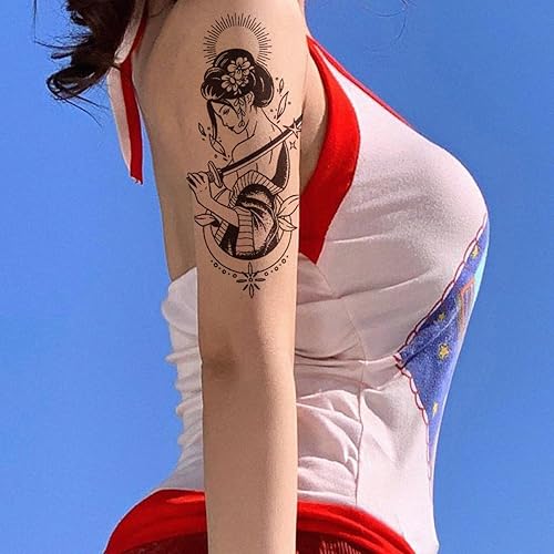 Miniatura 4 de 6 hojas de tatuajes temporales, tatuaje semipermanente, dura 1-2 semanas, tatuaje de geisha, 3 × 7 pulgadas