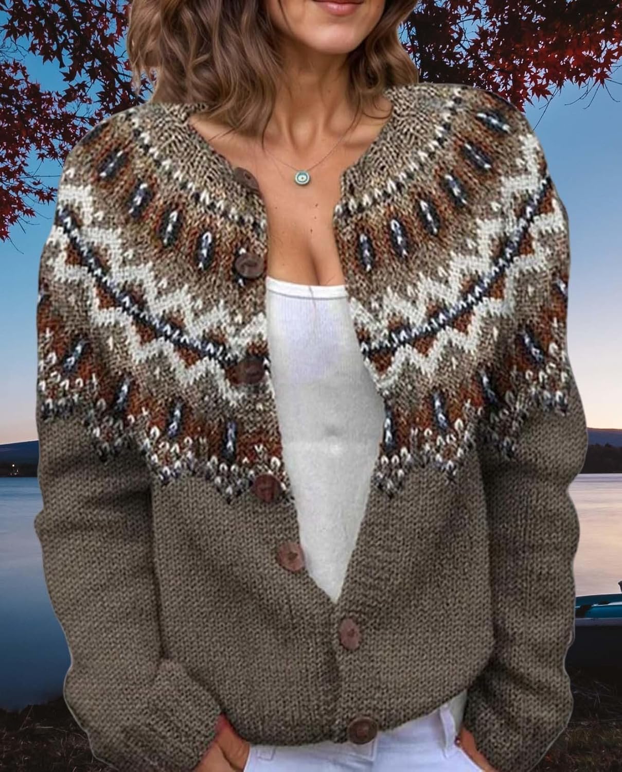 Women's Fair Isle Pattern Knit Cardigan Sweater Vintage Button Down Open Front Jacket Coat for Fall & Winter 2025 - Image 6