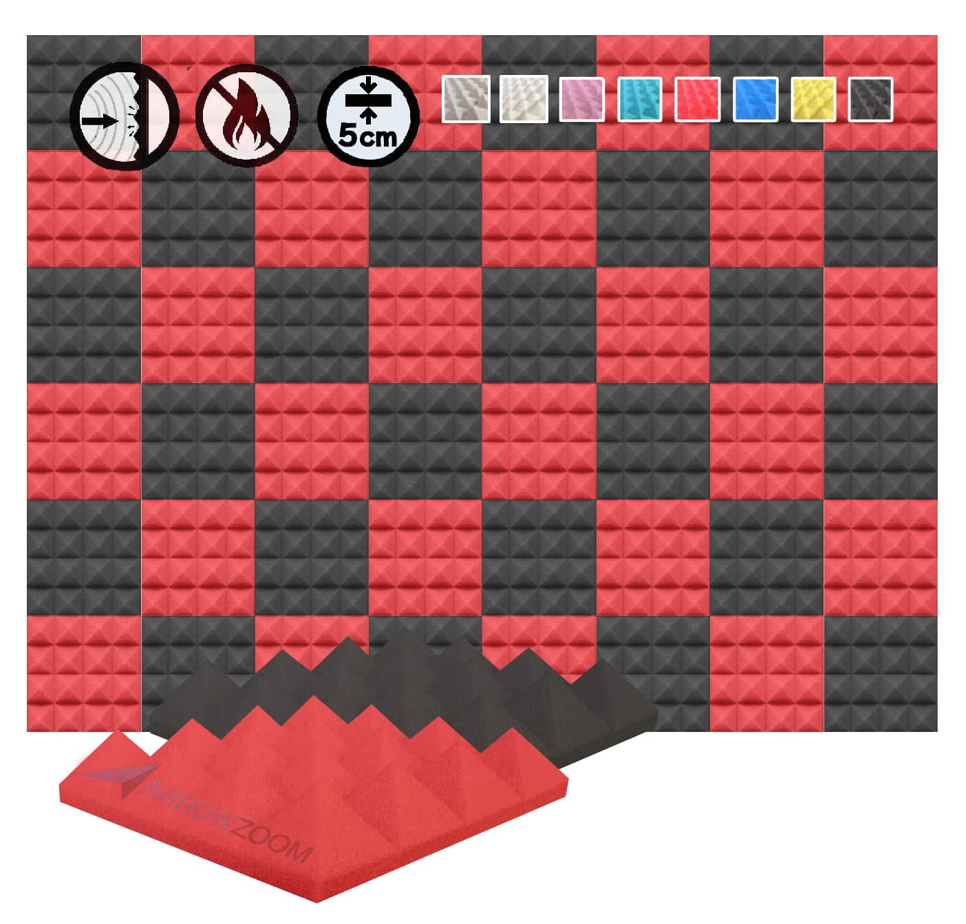 Acoustic Foam Panels 24 Pack Pyramid Sound Absorbing Foam Tiles 25x25x5cm, High Density Studio Acoustic Panels for Echo Reduction, Recording, Gaming, Home Office Wall Treatment , 1034 Black — view 14