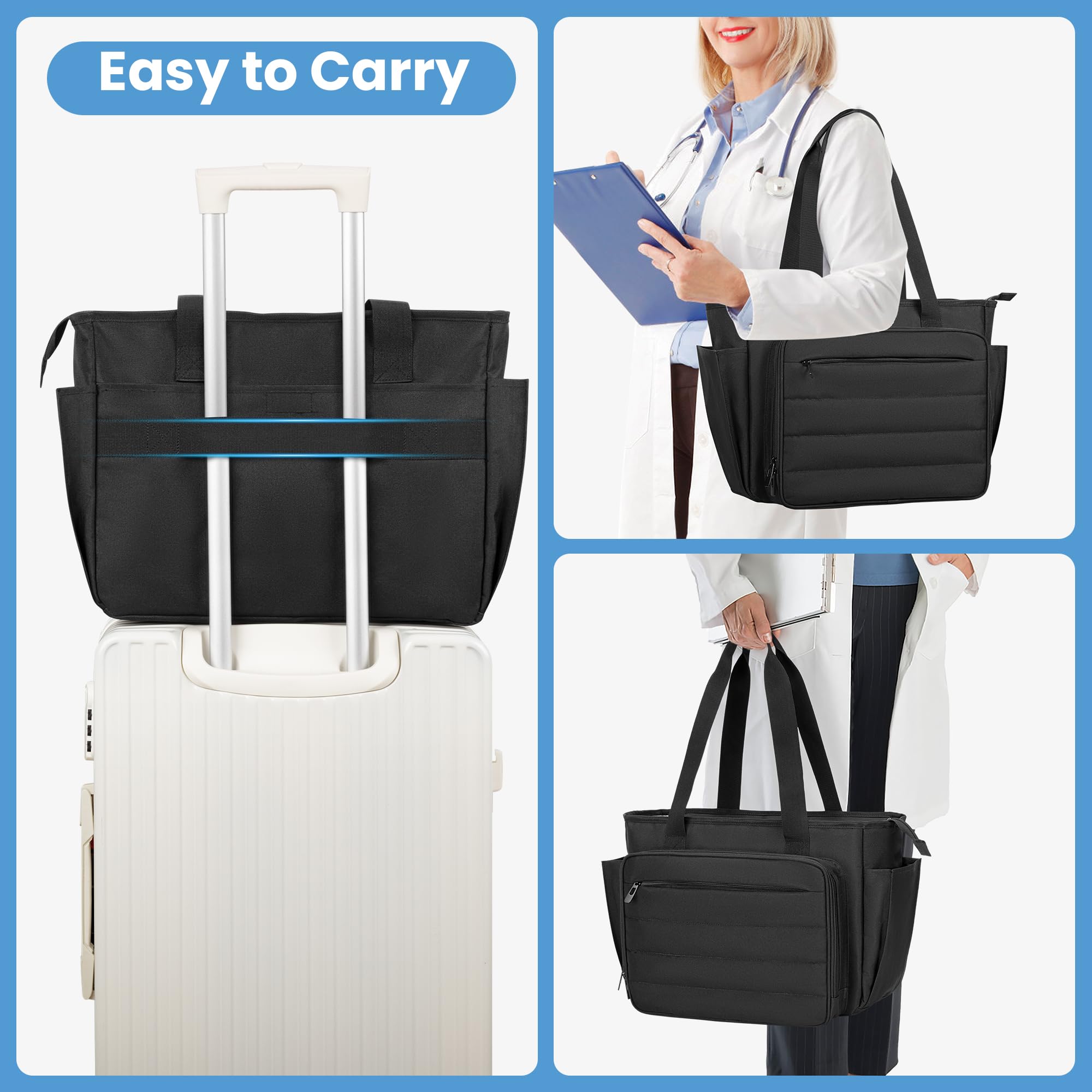 CURMIO Sac de Travail pour Infirmière, Sac Médical Portable avec Pochette Accordéon et Housse pour Ordinateur Portable 15,6", Noir