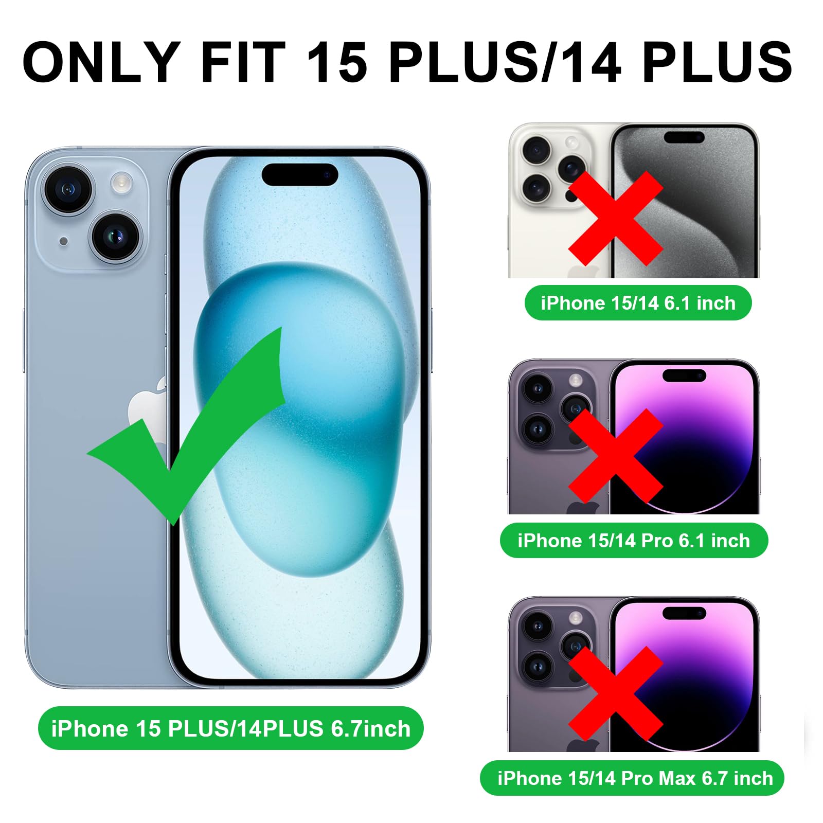 VANAVAGY Compatible for iPhone 15 Plus/14 Plus Wallet Case,RFID Flip Leather Cover with Wrist Supports Wireless Charging with Card Holder,[Glass Screen Protector & Camera],Purple