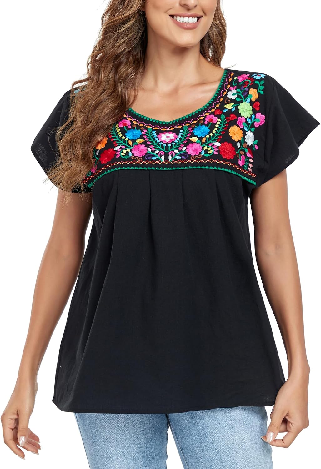 YZXDORWJ Embroidered Mexican Top for Women Peasant Blouse Mexico Summer Shirt Short Sleeve