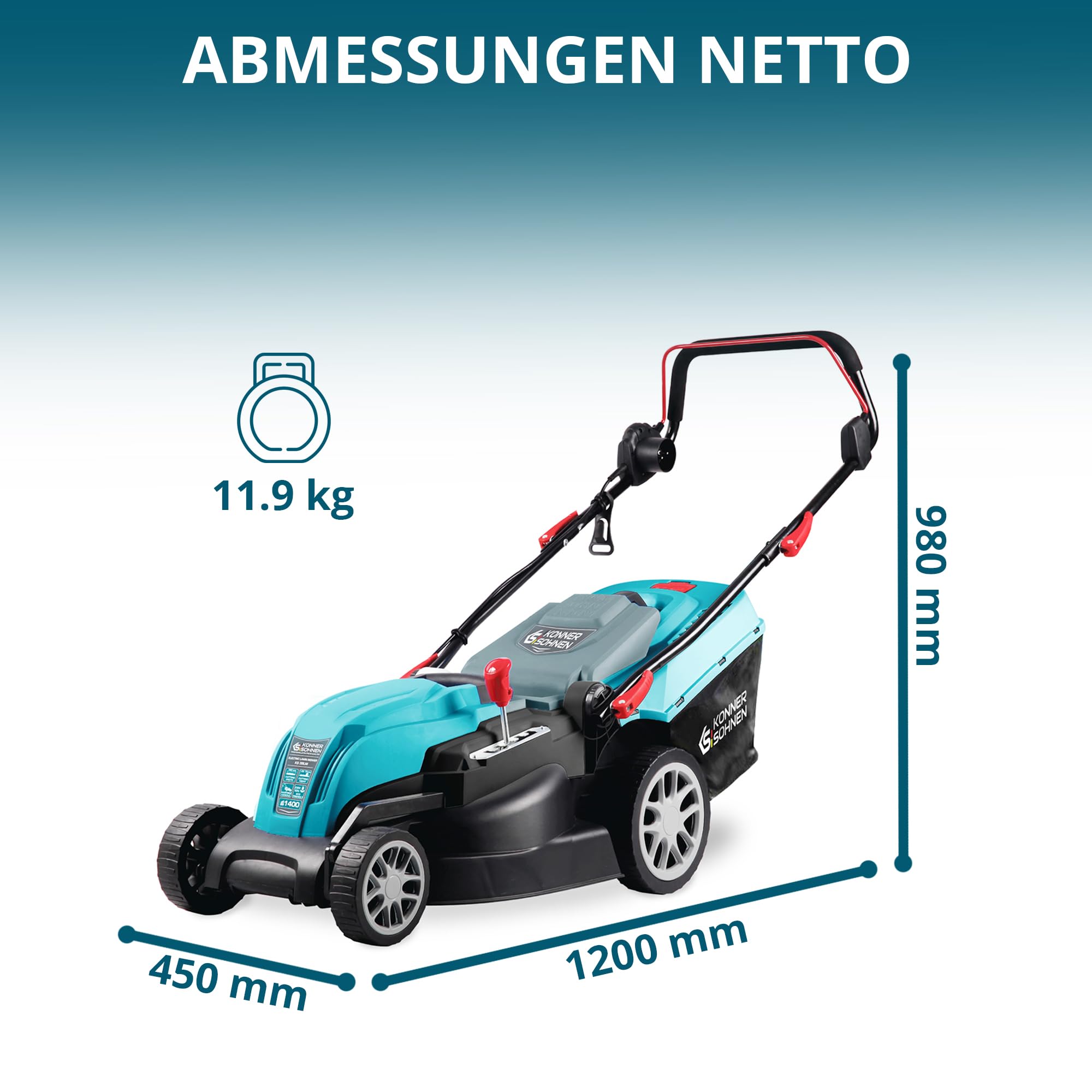 K&S Könner&Söhnen KS 38LM kosiarka elektryczna 1400 W, prędkość obrotowa biegu jałowego 3250 obr./min, szerokość cięcia 380 mm, wysokość cięcia 25-75 mm, 5 pozycji, pojemnik na trawę 40 l + KS GT-250