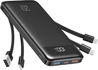 20000mAh Power Bank with 4 Built-in Cables, 22.5W Fast Portable Charger for iPhone, Android, iPad, No Extra Cords Needed for Travel, Work, Emergency