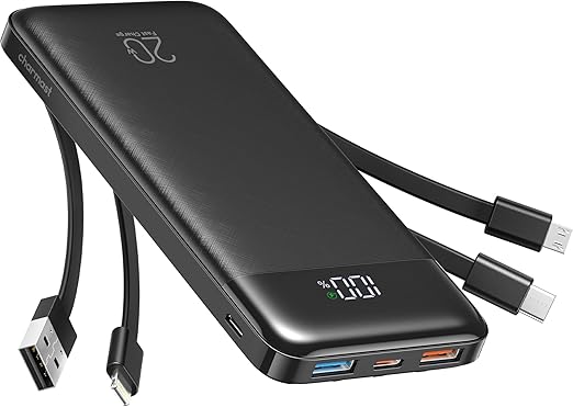 Charmast 20000mAh Portable Charger with 4 Built-in Cables & 6 Outputs, 20W Power