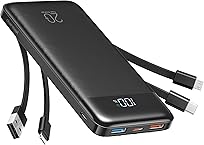 Charmast 22.5W Power Bank, 20000mAh Built in 4 Cables, Slim USB C Portable Charger, LED Display Battery Pack with 5 Output and 4 Input,Compatible with iPhone, Samsung, Tablets and More(Black)