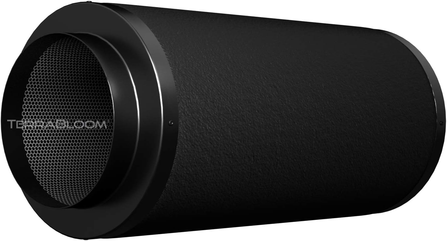 TerraBloom Carbon Filter 6" x 24" Long, 46mm Thick Charcoal Bed, Airflow up to 550 CFM. Carbon Air Filtration From Odors, VOCs, Chemical Smell for Grow Tents,