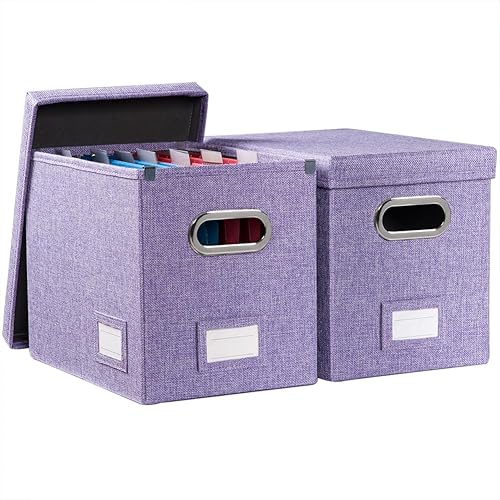 PRANDOM Caja organizadora de archivos, juego de 2 carpetas plegables decorativas de lino para almacenamiento de archivos colgantes con tapas,