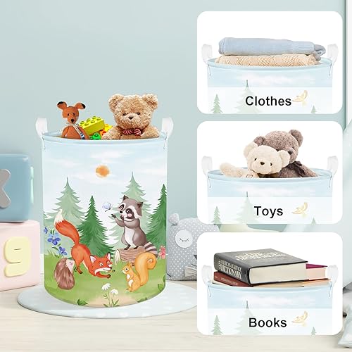 Miniatura 5 de Clastyle Cesta redonda de 45 L para guardería de animales del bosque, oso conejo, cesta de ropa sucia para dormitorio, contenedor redondo de abeto