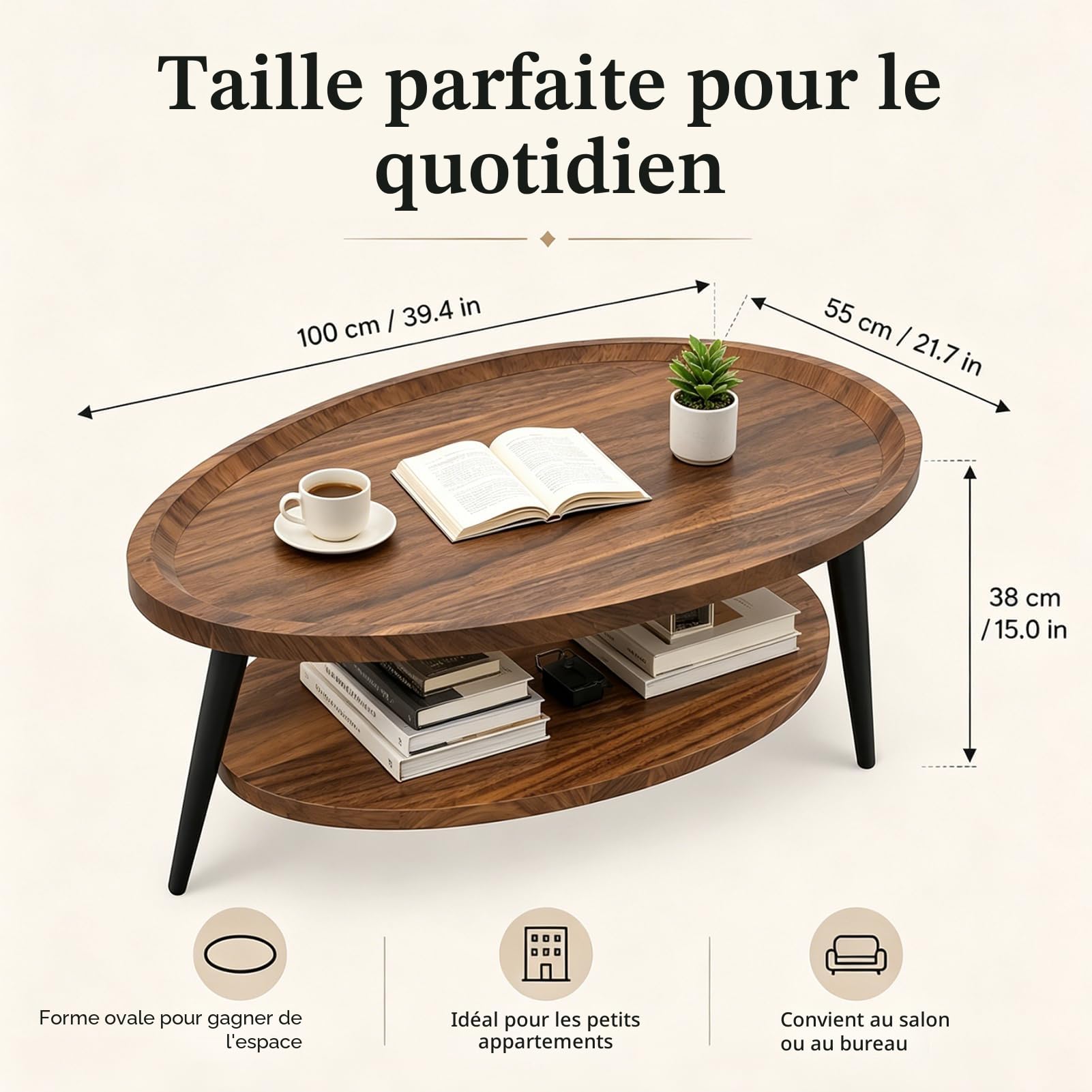 Table Basse Ovale Bois, Table Salon Basse Moderne Scandinave, Tables de Salon avec avec étagère 2 Niveaux, Tables Basses de Salon pour Salle de Séjour Chambre Bureau 100cm*55cm*38cm (Noyer)