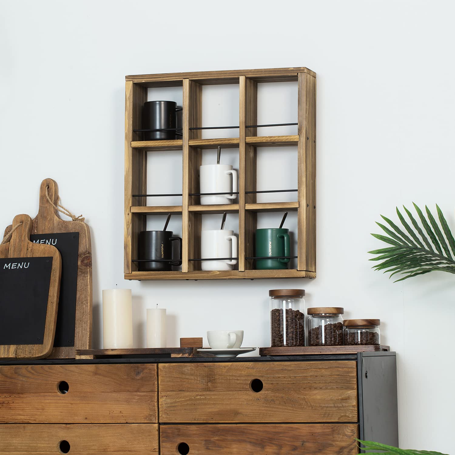 Étagère En Bois à 16 Cases Pour Tasses à Thé - 44x44x10 Cm - Rangement Bureau, Salon Ou Cuisine - Style Rustique