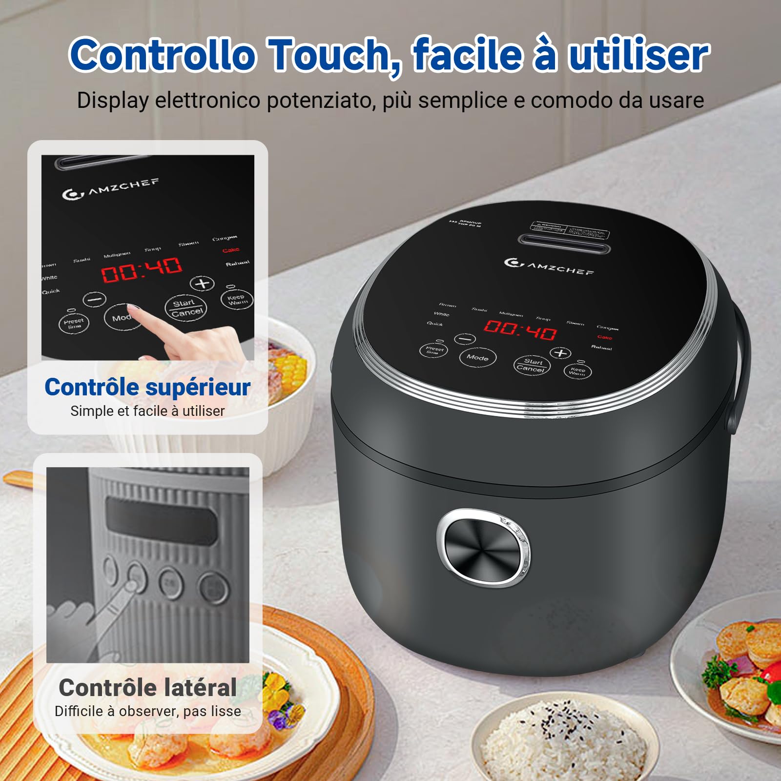 Cuiseur à riz AMZCHEF 2L, cuiseur à riz électr. avec 12 menus prédéf., affichage num., 4 tasses pour 1-4 pers., minuteur 24H et maintien au chaud 12H, poignée de transport, panier vapeur, 400W