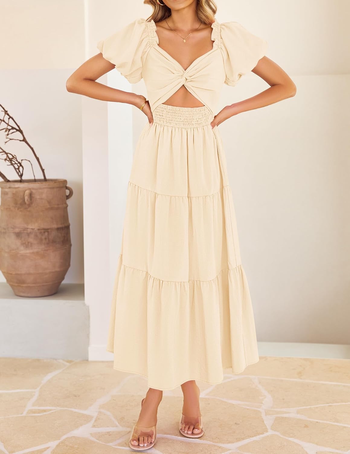 ZESICA Womens Summer Casual Flowy Vacation Maxi Dress 2026 Short Puff Sleeve A Line Smocked Cutout Beach Party Dresses - Image 3