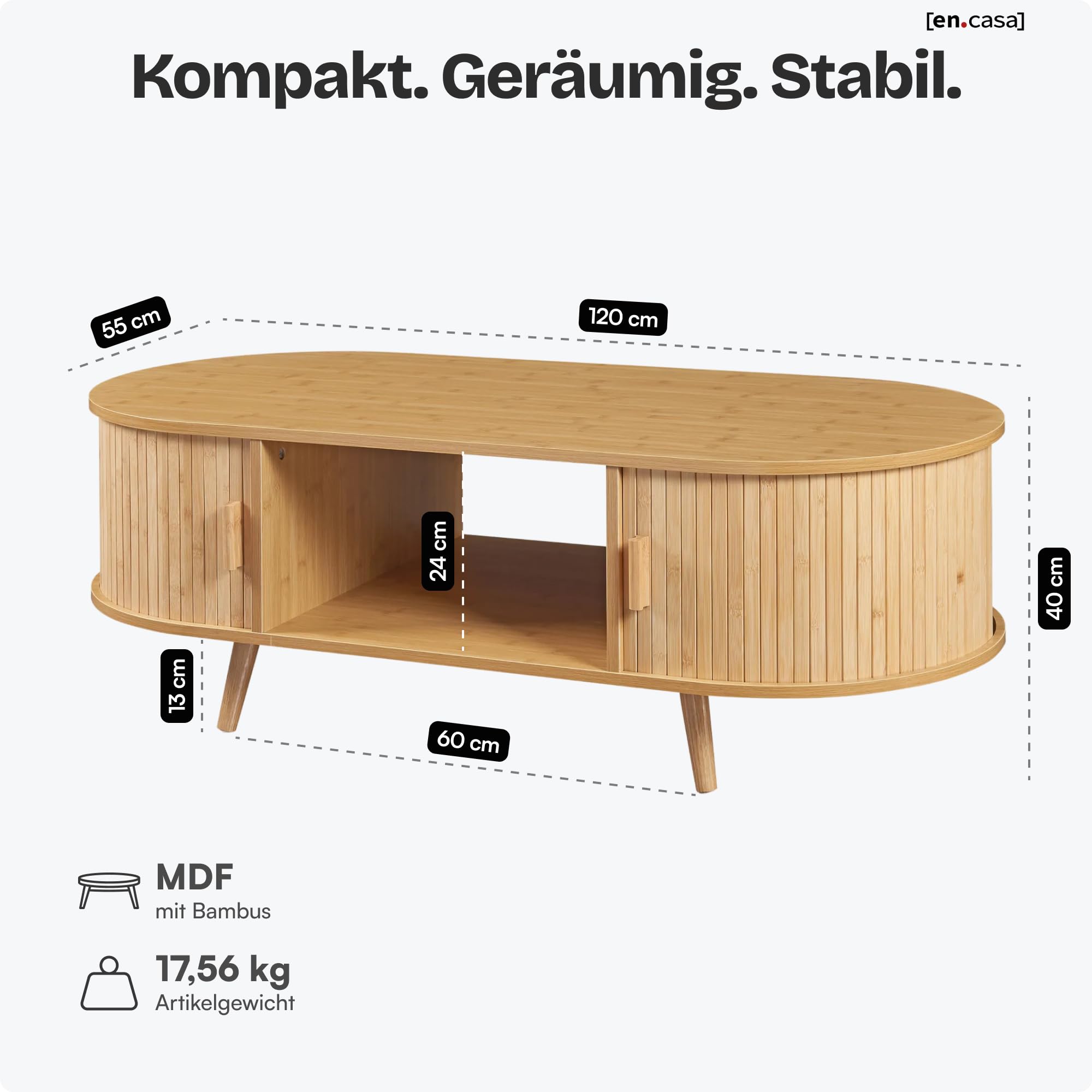 [en.casa] Couchtisch Nordkapp Wohnzimmertisch mit 2 Schiebetüren Bambus Sofatisch mit Stauraum Kaffeetisch Holzbeine 120 x 55 x 40 cm