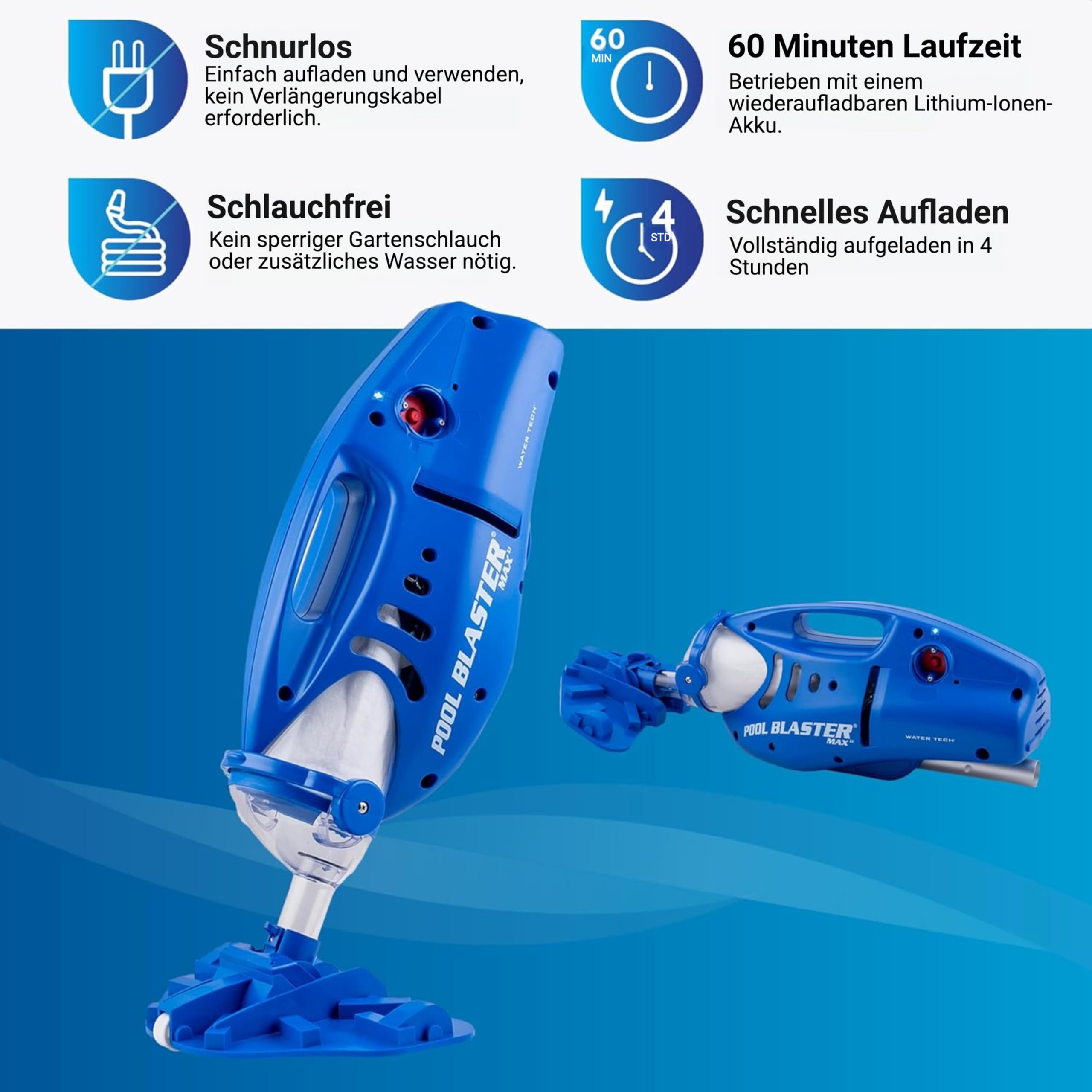 Water Tech Pool Blaster Max Li Schwimmbadstaubsauger, mit wiederaufladbarer Akku, kabelloser Poolsauger, Bürstenkopf 27cm, großer Filterbeutel