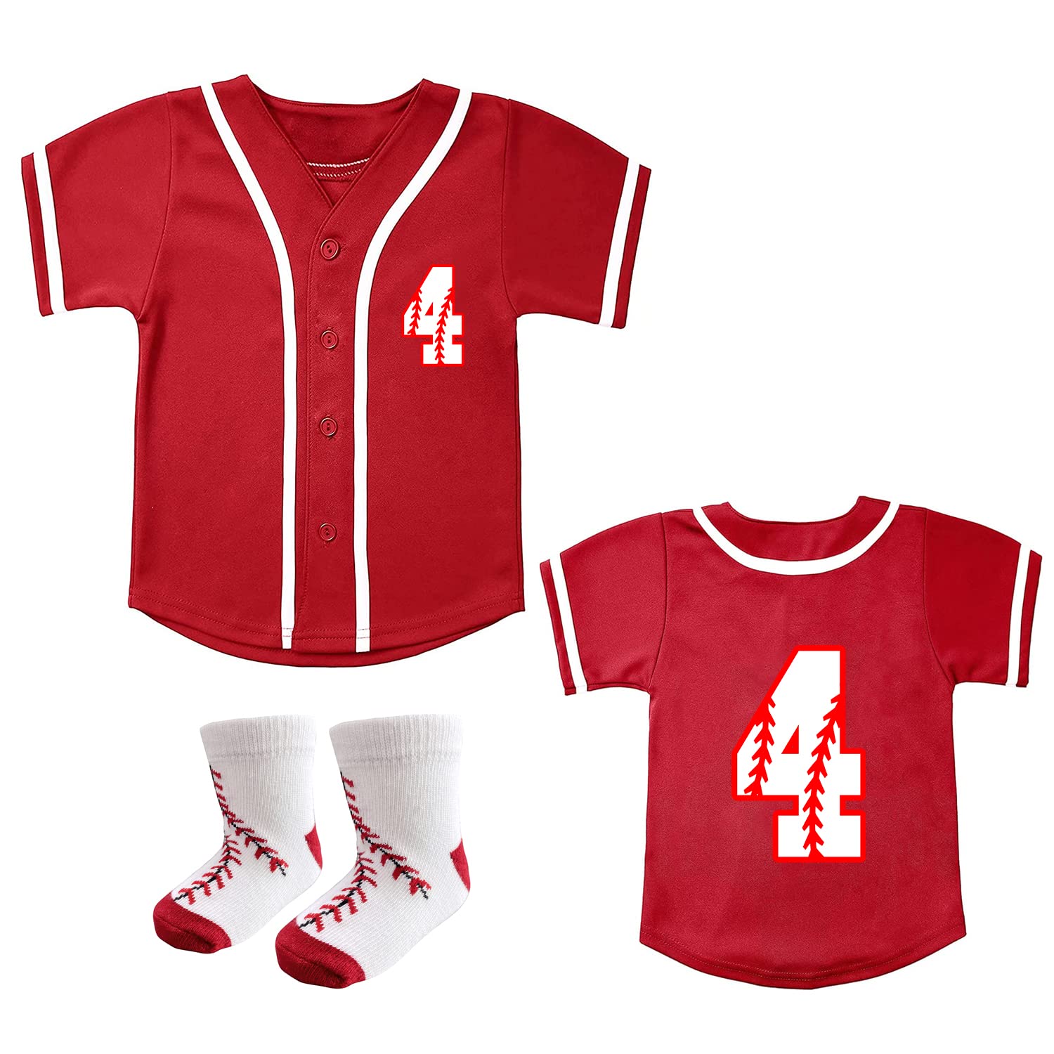 Kids Baseball Jersey and Socks 2pcs Set of Toddle Softball Shirt Boys and Girls 2-4 Years Old Birthday Outfit (Red-4,4T,4 Years)