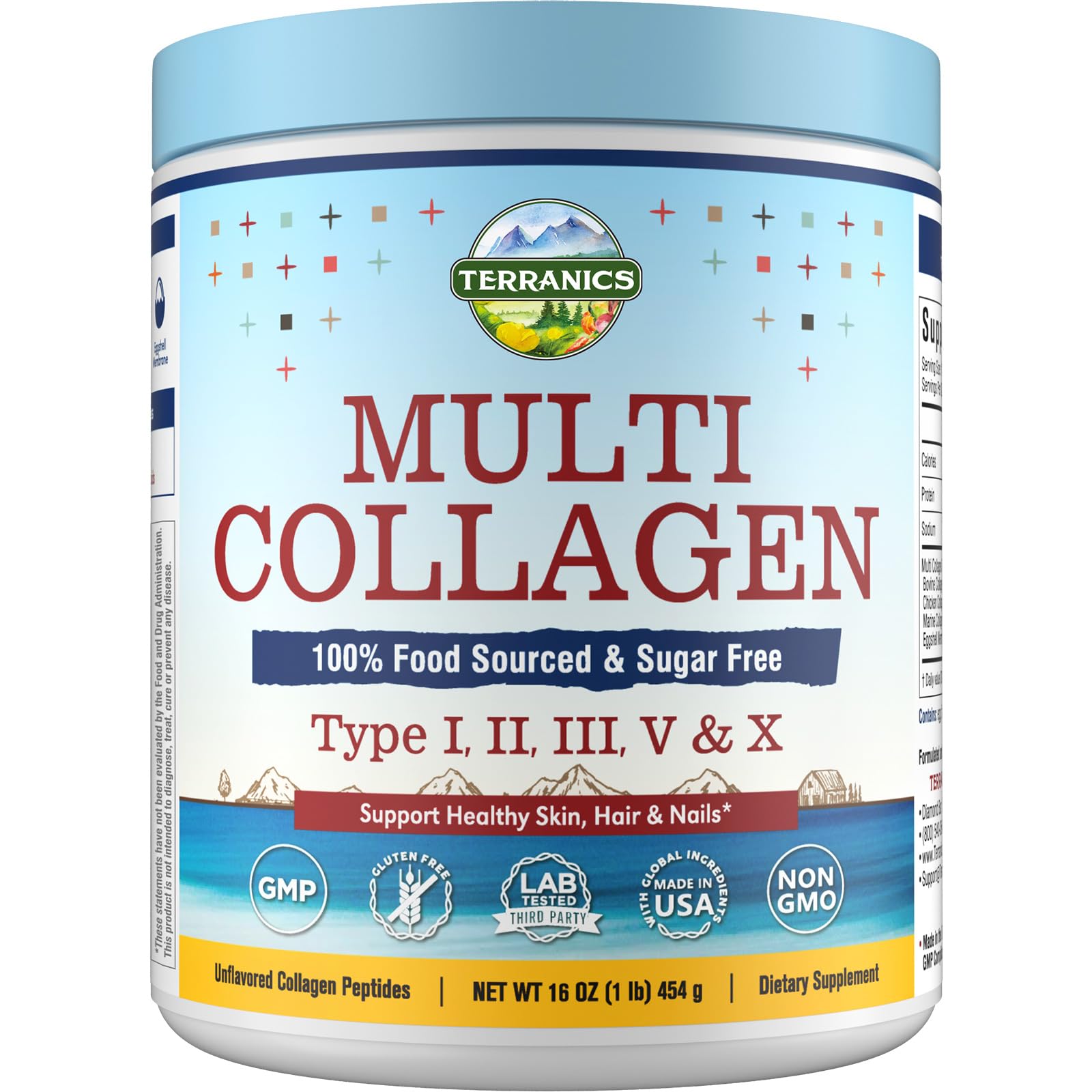 Terranics Multi Collagen Peptides, Type I II III V X Hydrolyzed Collagen 1 Pound (Pack of 1)