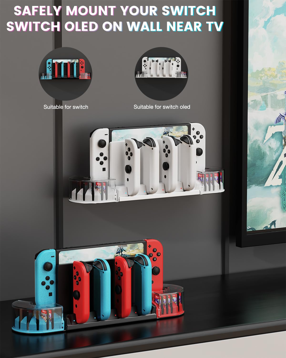 KUNSLUCK Switch supporto da parete con caricatore J-Con, kit da parete per Nintendo Switch/OLED, supporto da parete Switch stazione di ricarica con 20 carte da gioco e 6 caricabatterie per J-Con