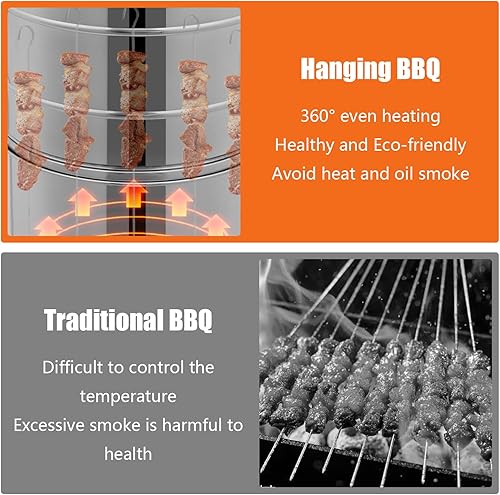 Miniatura 6 de Parrillas de carbón portátiles grandes, parrilla de barbacoa de carbón inoxidable 360 sin humo al aire libre con 50 brochetas, parrilla para ahumar