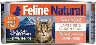 Feline Natural New Zealand Canned Catfood Wet Food, High-Meat, Low-Carb, & Grain Free Cat Food Wet, Lamb & Salmon Feast, 3...
