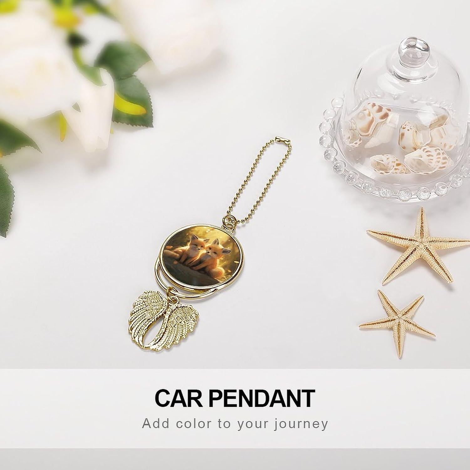 Car Hanging Ornament Rear View Mirror Cars Charms Cute Foxes Car Pendant Cars Interior Decoration View Mirror Hanging Accessories for Window Door Frame Balcony Golden image 4