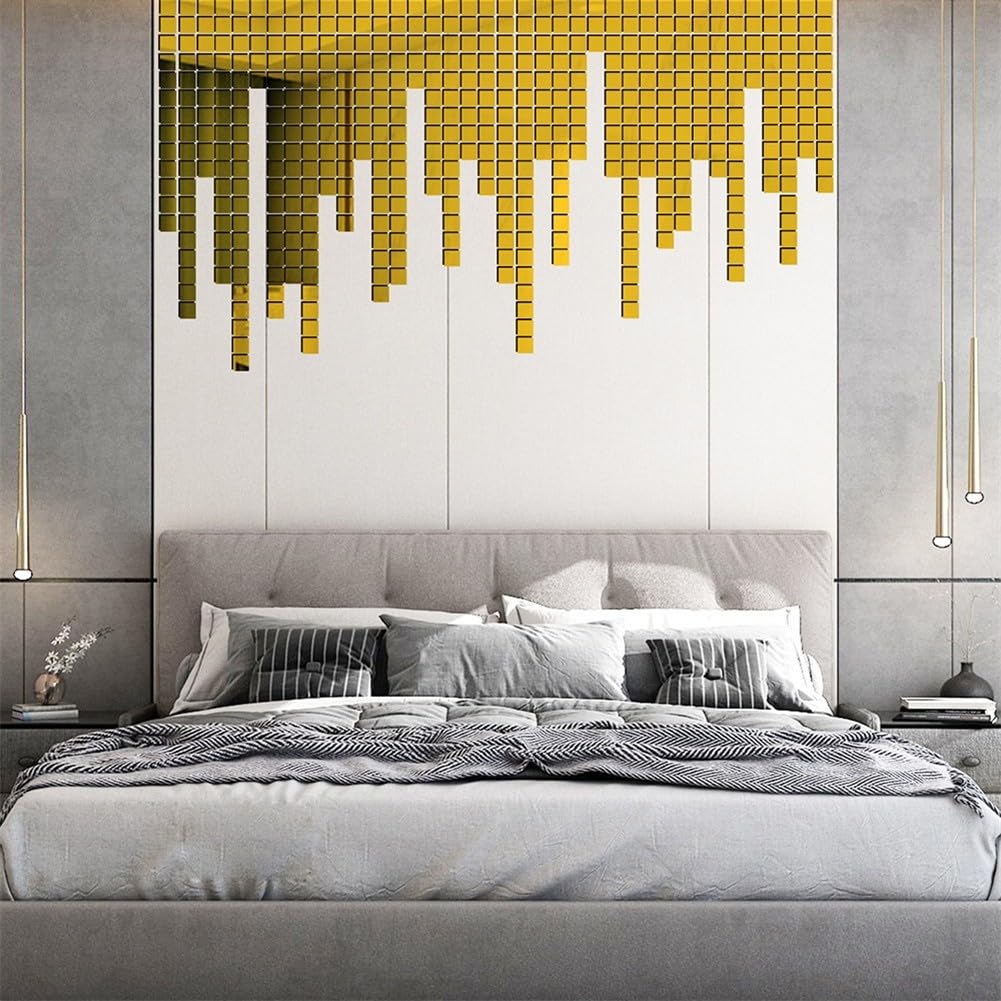 Emiif 100 piezas de azulejos de mosaico de espejo de vidrio pequeños cuadrados adhesivos para decoración de manualidades, azulejos de espejo de bola de discoteca para fiesta (dorado)