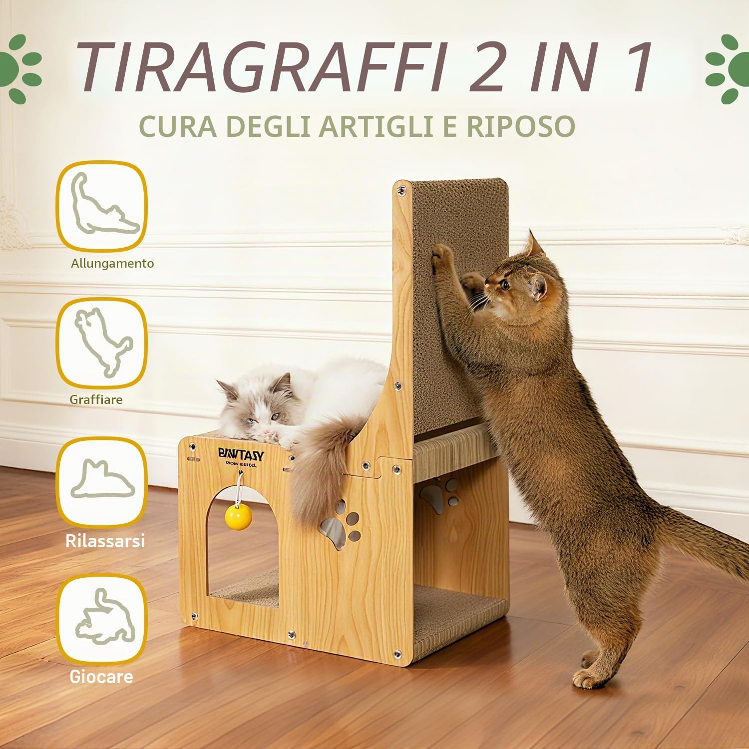 Pawtasy Tiragraffi gatti in cartone 2 in 1 per gatti da parete e angolo, grattacieli gatti con palla giocattolo