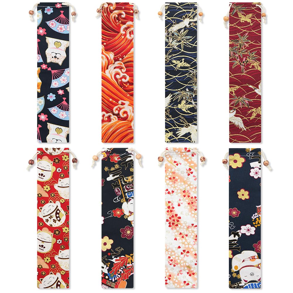8 PCS Japanese Cutlery Bag Straw Carrying Case Chopstick Bags Knife Fork Spoon Storage Pouches 26 x 6cm Traditional Japanese Cherry Blossom Long Drawstring Gift Bags for Travel Carrying Case Bag