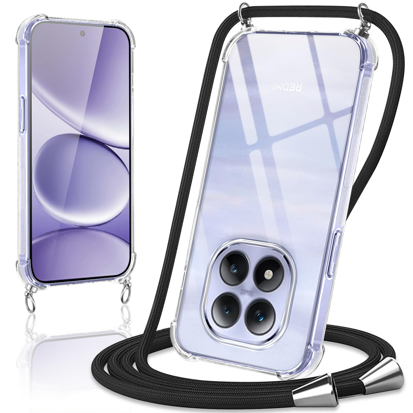 Custodia Con Cordino Regolabile Per Xiaomi Redmi Note 15 Pro 5G, TPU Trasparente, Antiurto E Antigraffio, Colore Nero - 3
