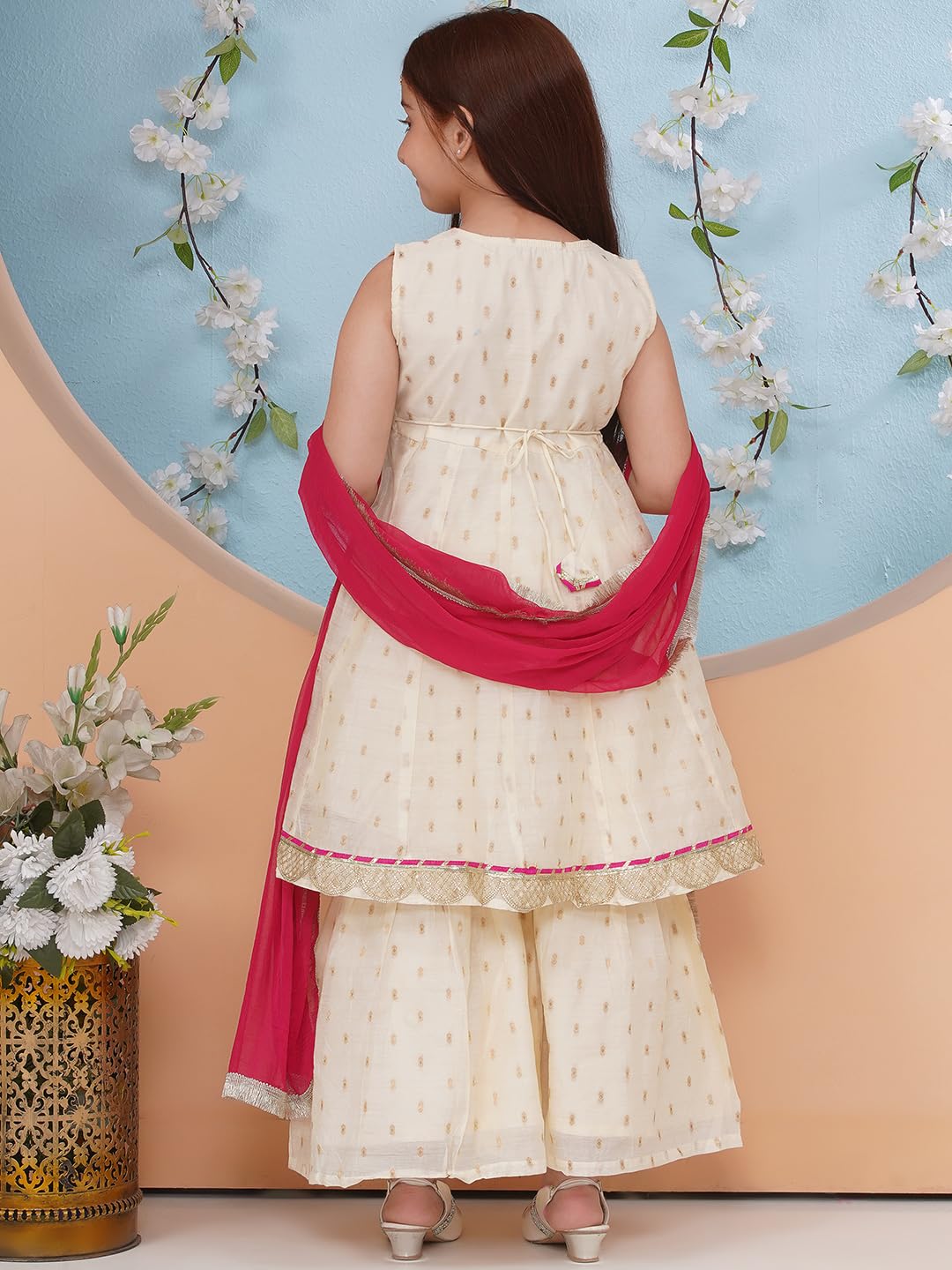 Preneum Girls's Cotton Rayon Gota Pati Floral Printed Angrakha Kurta with Sharara & Dupatta, Cream, 7-8 Years 3