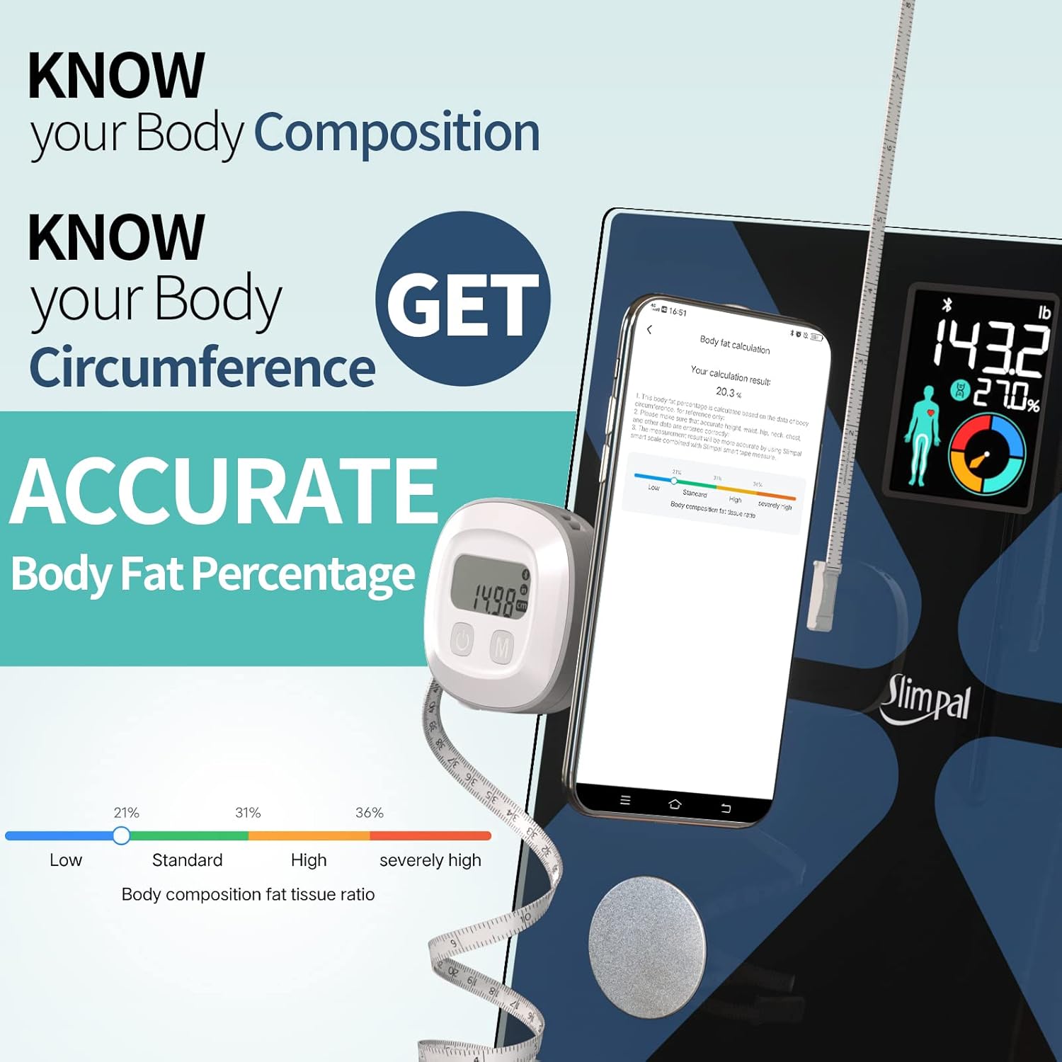 Slimpal Body Tape Measure, Bluetooth Digital Smart Body Fat Tape Measure with LED Display, Retractable Measuring Tape for Fitness, Bodybuilding, Muscle Gain, Weight Loss (Patent Pending to Slimpal): Tools & Home Improvement