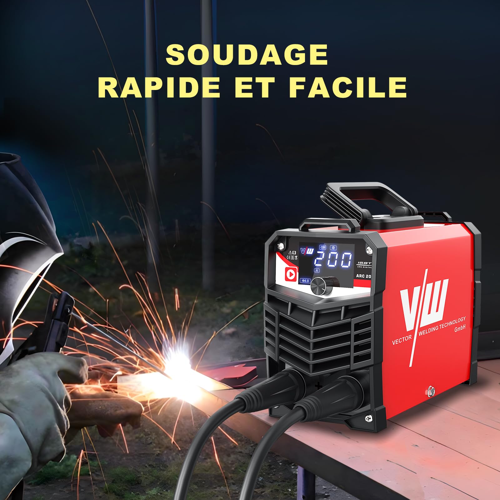 VECTOR WELDING Poste à Souder Inverter d'électrodes 200 A, Soudure d'électrodes MMA/STICK avec écran LED, MMA/STICK, IGBT, kit de soudure ARC 200