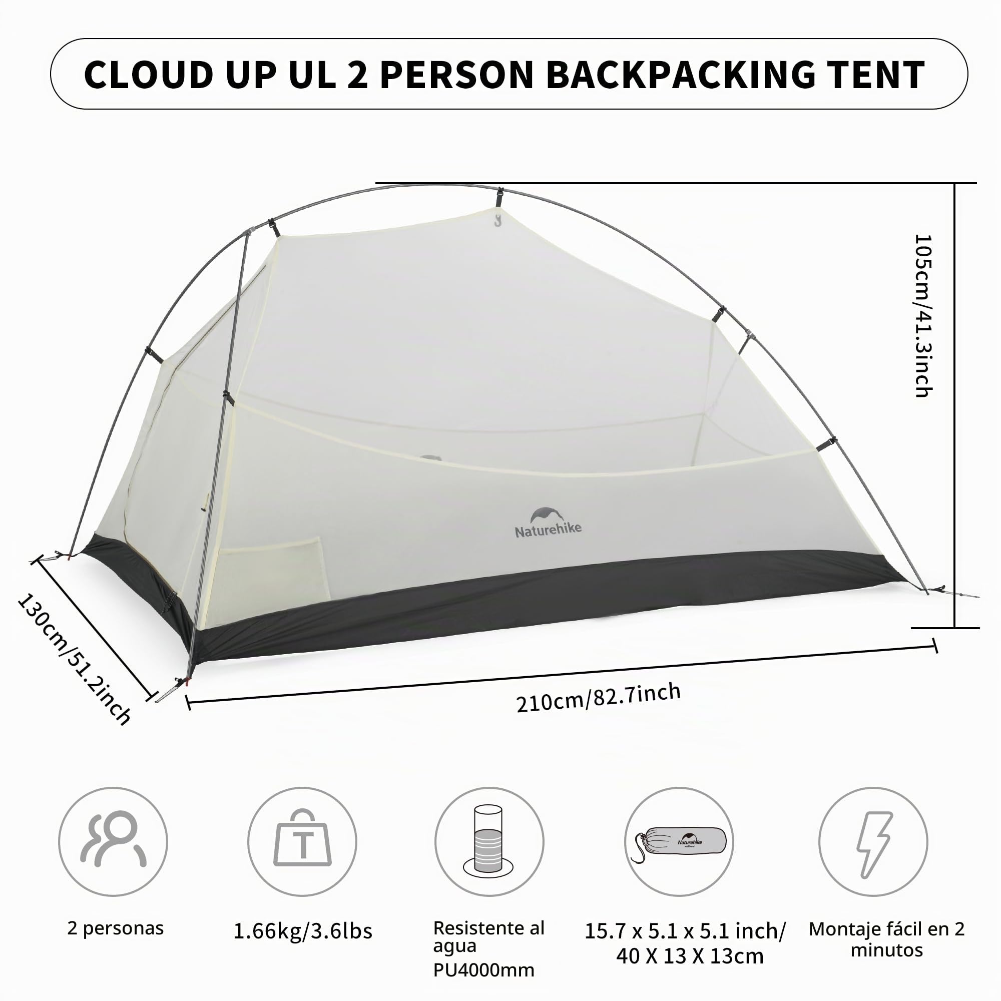 Naturehike Cloud Up UL Tienda De Campaña para 1/2 Personas Compacta Ultraligera de Doble Capa Impermeable Cortaviento para Senderismo al Aire Libre Festivales