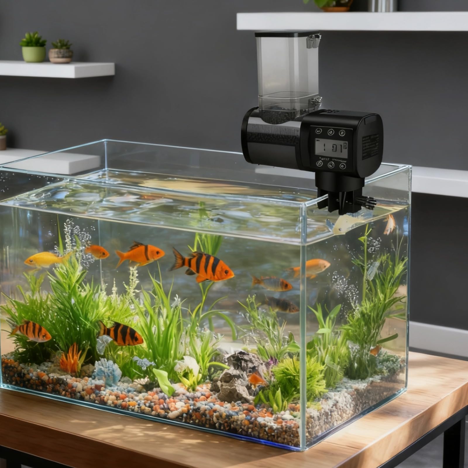 Mangiatoia automatica per pesci per acquario, 250 ml, alimentazione temporizzata regolabile, doppio montaggio, indicatore visivo, batterie incluse, per mangime in pellet fino a 3 mm, con scatto