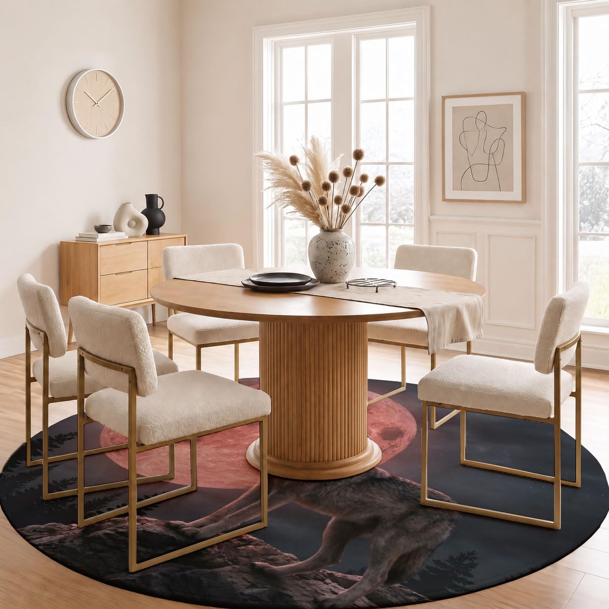 Tapis Rond Lavable Lune De Sang Loup Hurlant 160cm | Tapis Créature De Dark Fantasy Antidérapants Salon Lavable en Machine pour pour Salle à Manger, Entrée, Cuisine, Rouge Foncé